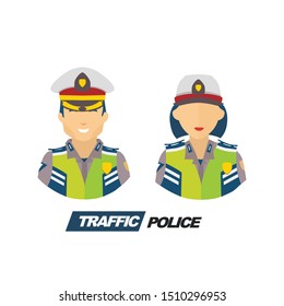 Set Illustration of man and woman traffic police officer on duty for traffic safety with green vest and uniform