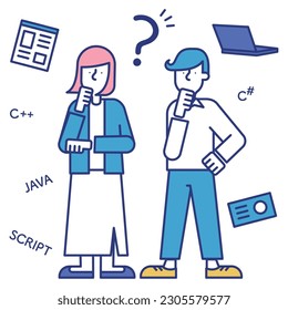 It is a set illustration of a man and a woman who find a job as an IT engineer.