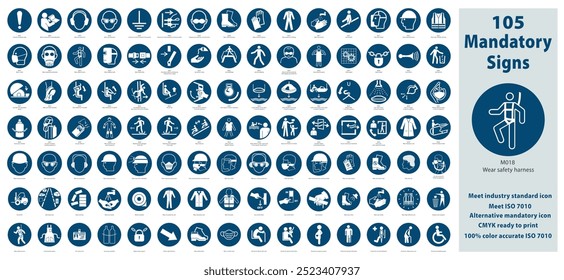 Ilustración del conjunto de señales de seguridad obligatorias que cumplen con los estándares ISO 7010. Contiene estándares más iconos alternativos, modo CMYK listo para imprimir. Mantenga una precisión de color del 100% según las directrices ISO 7010.