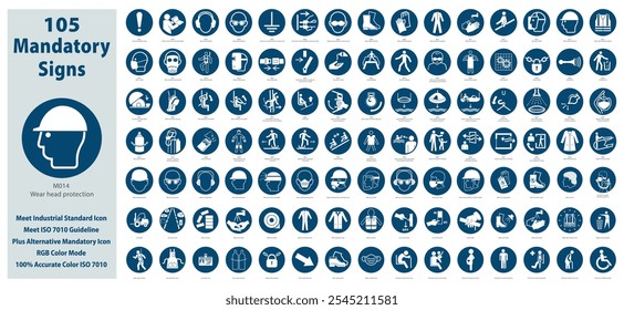 Die Abbildung der vorgeschriebenen Sicherheitszeichen entspricht den ISO 7010 Standards. Enthält Standards und alternative Symbole, RGB-Farbmodus. 100% Farbgenauigkeit gemäß ISO 7010 Richtlinie beibehalten.