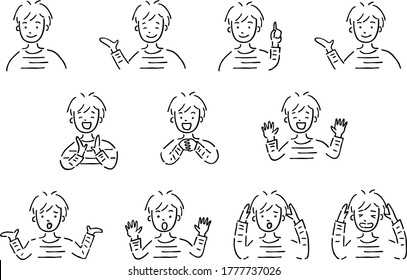 set illustration of man's face with various expressions