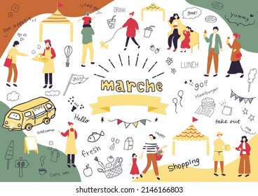 set illustration of marche icons and people