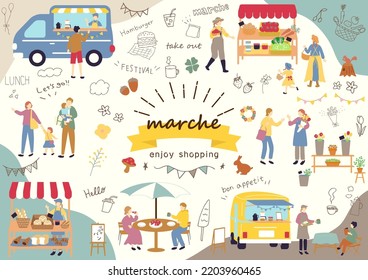 set illustration of marche icons and people