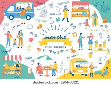 set illustration of marche icons and people