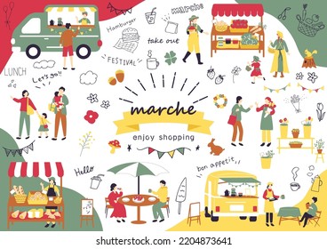 set illustration of marche icons and people