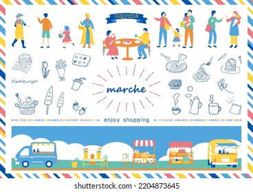 set illustration of marche icons and people