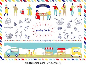 set illustration of marche icons and people