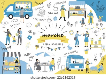 set illustration of marche icons and people