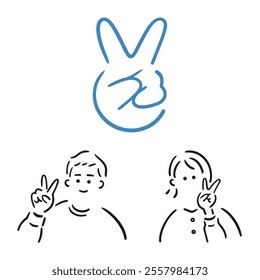 [SET] Illustration material set of men and women making peace signs