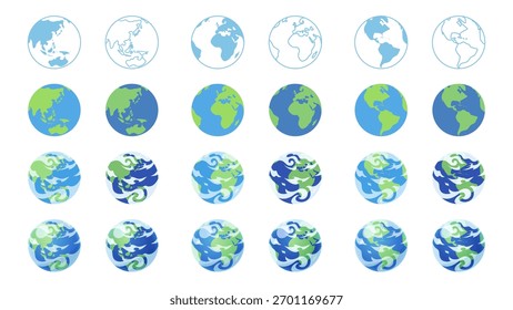 Um conjunto de materiais de ilustração da Terra em três ângulos diferentes