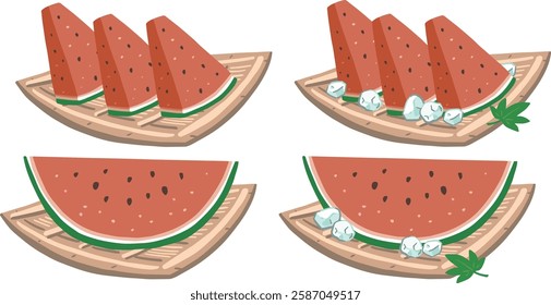 A set of illustration materials featuring cut watermelon served on a plate.