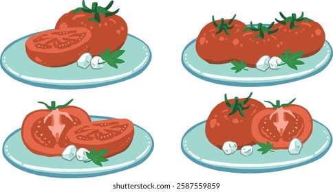 A set of illustration materials featuring tomatoes and ice arranged on a plate.