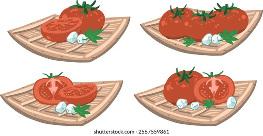 A set of illustration materials featuring tomatoes served in a colander.
