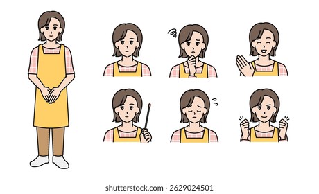 Set A of illustration materials of female nursery school teachers in uniform (full body bust up expressive expressions  poses).