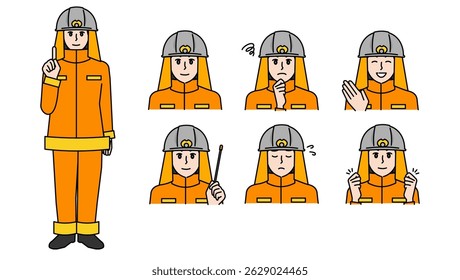 Set A of illustration materials of male firefighters in uniform (full body bust up expressive expressions poses).