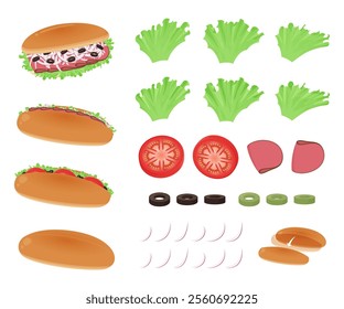 Set of illustration materials of sandwiches made from bread or rolls