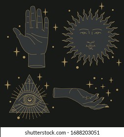 Conjunto de ilustraciones en estilo medieval para tatuaje flash, diseño de estampado o afiche. Símbolos de sol, manos y Todos los que ven ojos.