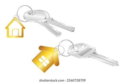 Set illustration of metallic house keychains attached to silver keys, featuring gold house-shaped charms, perfect for real estate, property management, or homeownership themes.