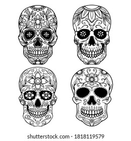 Set of Illustration of mexican sugar skull. Design element for logo, emblem, sign, poster, card, banner. Vector illustration