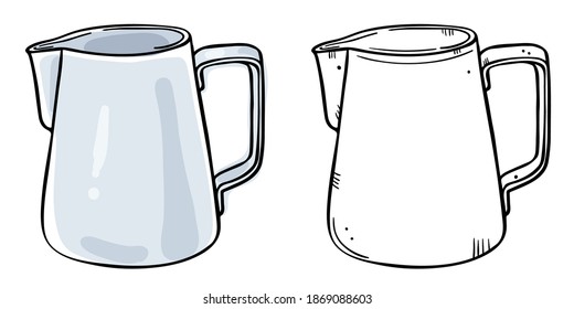 Set of illustration milk jug with coffee. Color and black outline image isolated on a white background. Doodle style.