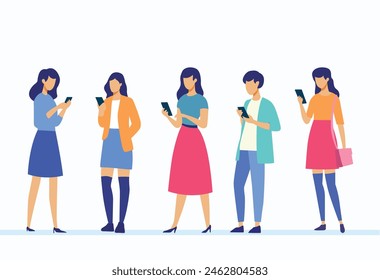 Conjunto de ilustraciones de usuarios móviles. Personajes con smartphones en las manos. Hombres, mujeres usan celulares. Ilustración vectorial plana aislada sobre fondo blanco