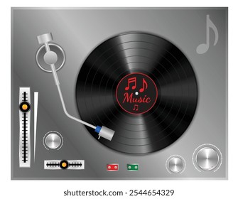 Ilustración de conjunto de reproductor de discos de vinilo moderno con un disco de vinilo negro con un sello de música roja. El diseño incluye un brazo tonal, varias perillas de control y deslizadores para ajustes de sonido. Esto