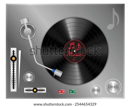 Set illustration of modern vinyl record player with a black vinyl disc featuring a red music label. The design includes a tonearm, various control knobs, and sliders for sound adjustments. This