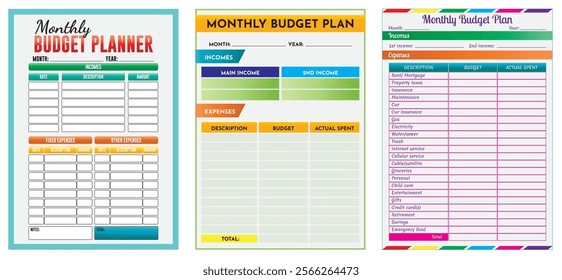 Set Illustration of Monthly Budget Planner Templates for Household and Personal Finance