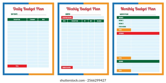 Set Illustration of Monthly Budget Planner Templates for Household and Personal Finance