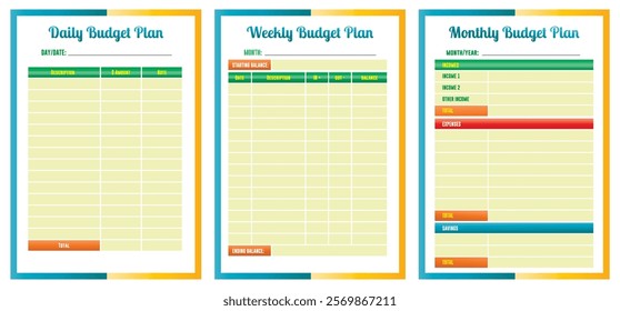 Set Illustration of Monthly Budget Planner Templates for Household and Personal Finance 