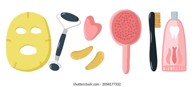 Set illustration morning routine. Good habits for every day, oral hygiene, comb. Fabric mask, eye patches and massage tools at home. Vector flat illustration in cartoon style