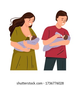 Set illustration of mother and father feeding baby. Mom breastfeeding cute flat illustration