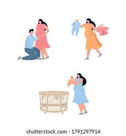 Set of illustration Mother and new baby, pregnant chooses clothes, couple expecting a baby. Vector illustration for banner, poster, greeting card, advertisement, scrapbooking