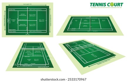 Definir ilustração de múltiplas vistas de um layout de campo de tênis de acordo com os regulamentos da Federação Internacional de Tênis (ITF). Cada visualização oferece medidas precisas de componentes-chave, como o