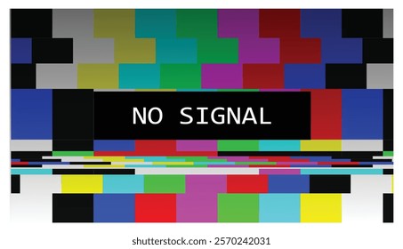 Set illustration of "No Signal" screen with multicolored glitch patterns and a bold black banner displaying the text "NO SIGNAL." The image simulates a television screen error commonly seen during