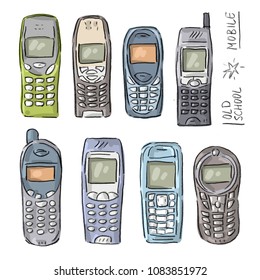 Set illustration with old mobile phones