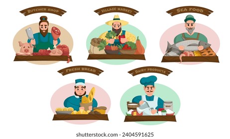 A set of illustration on the theme of small local markets. Street trading. Organic products, fresh homemade food. 