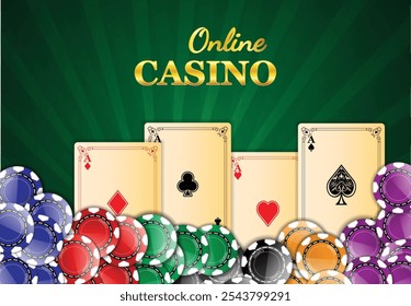 Defina a ilustração da configuração do casino online, com quatro ases (diamantes, paus, corações, espadas) e uma variedade de fichas de poker coloridas. O fundo tem um gradiente verde com o texto "Online Casino" em