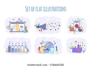 Illustration setzen. Online-Webinar, Webinar, moderne Bildung. Online-Shopping.Suchen Sie nach dem Virus.Discharge power sources, diverser Zustand der Batterieladung.Menschen trinken gereinigtes Wasser. 
