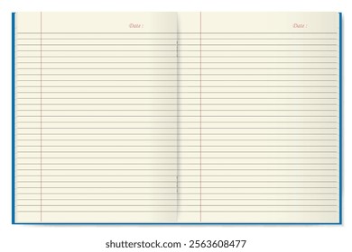 Set illustration of open lined notebook displaying two pages with red headers labeled "Date." The notebook features horizontal lines, a margin line on the left, and a neat layout perfect for note