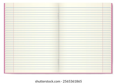 Set illustration of an open notebook with blank, lined pages. The pages have blue horizontal lines and pink vertical margins, providing a clean and classic design. Ideal for educational