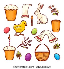 Set of illustration for Orthodox Easter, colorful eggs, basket, cake, pussy-willow, national towel, rabbit, сhick, candles and green plants, vector image, eps10