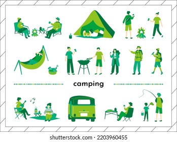  set illustration of outdoor camping items and people
