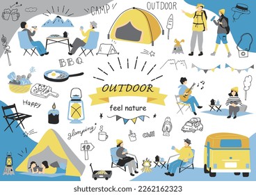  set illustration of outdoor camping items and people