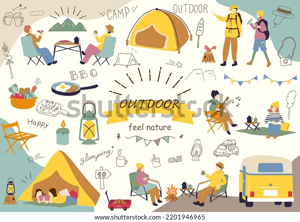  set\
illustration of outdoor camping items and\
people
