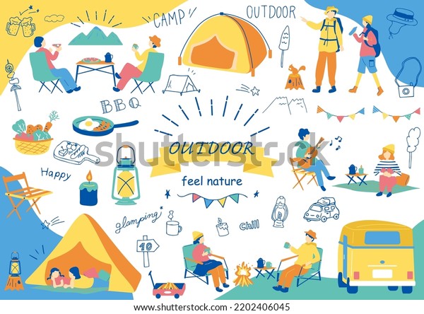  set\
illustration of outdoor camping items and\
people