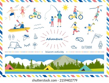 set illustration of outdoor icons and people enjoying adventure