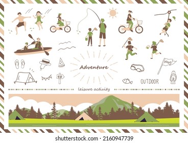 set illustration of outdoor icons and people enjoying adventure