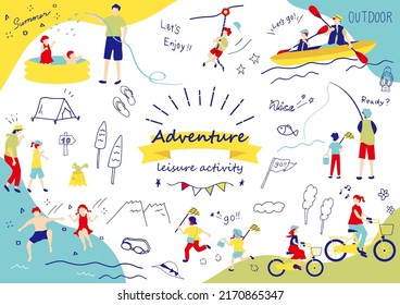 set illustration of outdoor icons and people enjoying adventure