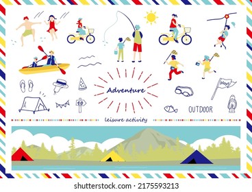 set illustration of outdoor icons and people enjoying adventure